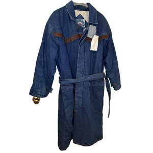 Vintage 70s 80s Quilted Lined Denim Long  Coat Leather Trim Sample Tag Rare